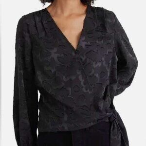 NWT! $88 Madewell Black Wrap Top Satin Floral V-neck Tie Crop Size XXS 00